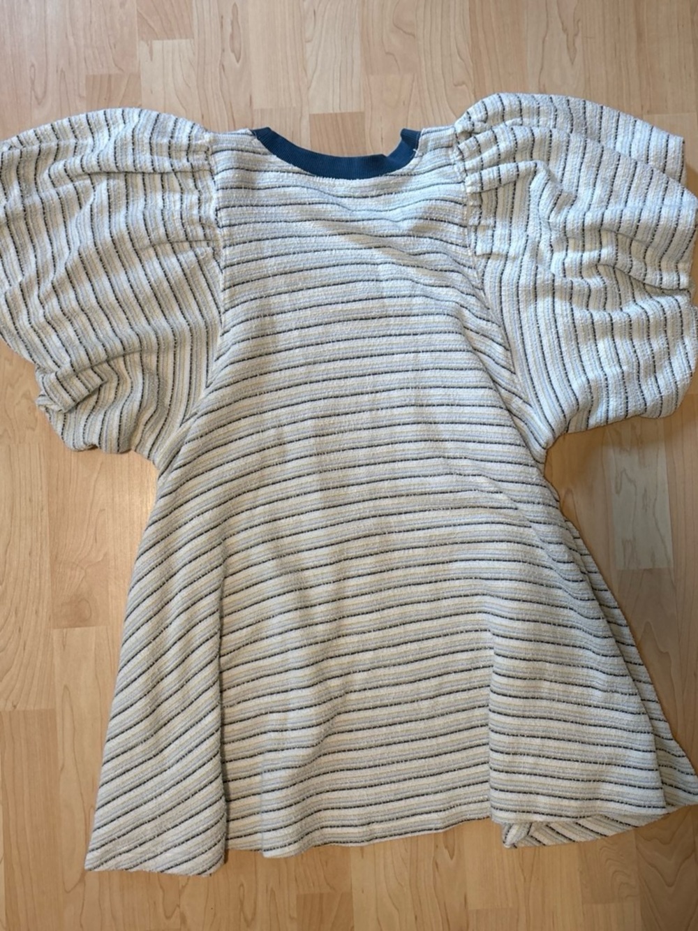 Free People Cream Stripe Puff Sleeve Dress with Navy Trim - Picture 3 of 3